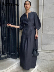 JazzHer Elegant Pleated Cotton Linen Long Dress Women Casual Loose V-neck Half Lantern Sleeve Female Dresses 2024 Autumn Lady Solid Robe