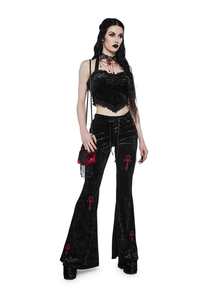 JazzHer Mall Gothic Velvet Flare Pants Women Streetwear Harajuku Cross Embroidery High Waist Pants Aesthetic Y2k Punk Trousers