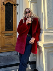 JazzHer Street Women's Red Faux Fur Coats Loose Lapel Long Sleeves Female Fluffy Jacket 2024 Winter Lady Luxury Thicken Furry Overcoats