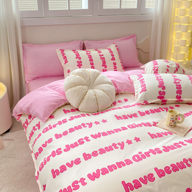 JazzHer Princess Style Bedding Set Girls Twin Queen Full Size Duvet Cover Set Bed Flat Sheet Pillowcase Kids Adult Pink Letter Bed Linen