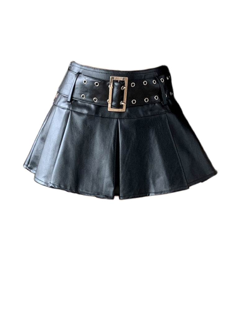 christmas outfit JazzHer Women Leather Skirts Vintage Female Streetwear Korean High Waist Fashion Y2k Black Gothic Punk Silver A-line Pleated Mini Skirt
