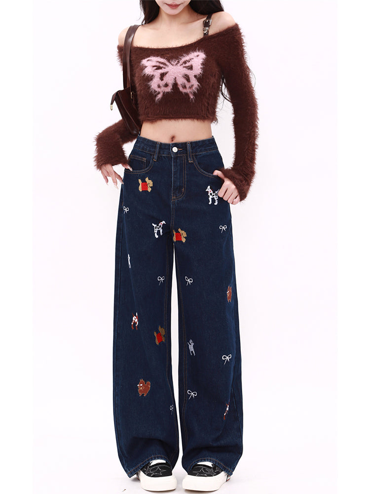 christmas outfit JazzHer Women's Dark Blue Y2k Baggy Jeans Harajuku 2000s Oversize Pattern Print Denim Trousers Vintage Jean Pants Trashy Clothes 2025