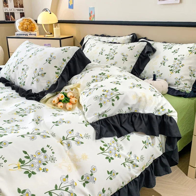 JazzHer New Washed Cotton Edge Three - Four Piece Quilt Set Printed Small Clear Cover Double Bedding Set 180x220 200x230