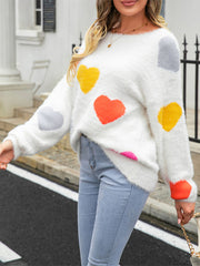 thanksgiving outfit JazzHer Valentine s Day Women Fuzzy Knit Sweater Long Sleeve Round Neck Heart Print Warm Pullover Sweater Fall Winter