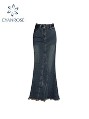 christmas outfit JazzHer Women High Waist Pleated Ruffled Blue Denim Skirts Women Slim Hip Mermaid Skirt Woman Chic Skirts Femme Autumn Winter 2025 New