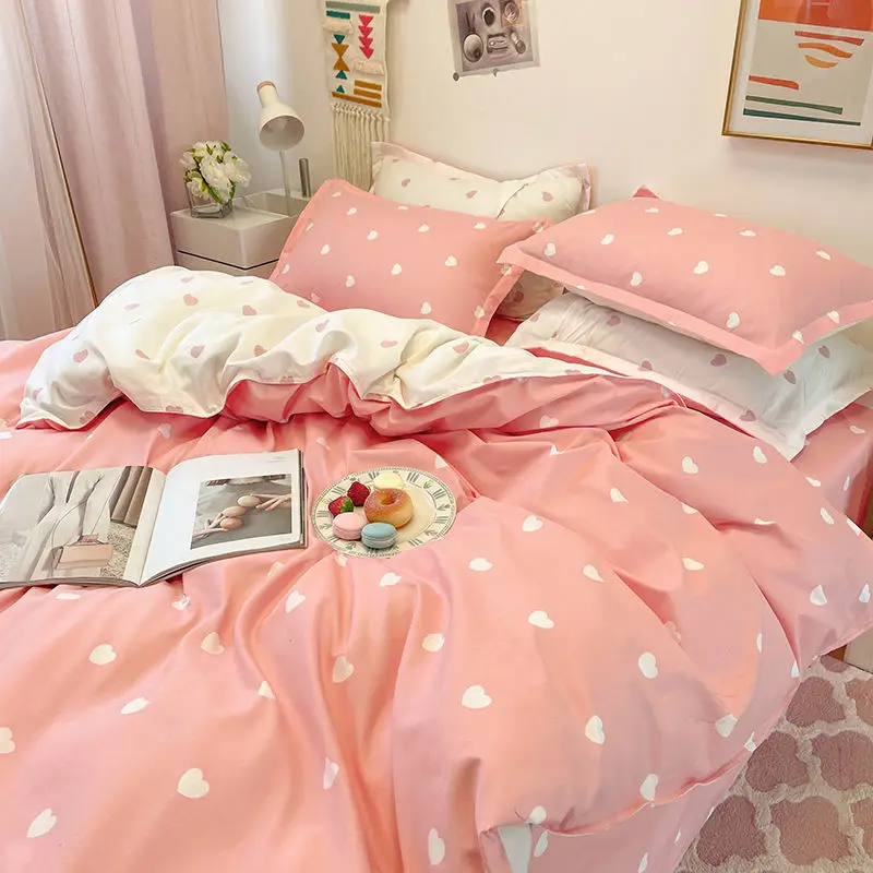 JazzHer Red Spot Bed Set Heart Love Quilt Cover Polyester Bedding Sheet Fashion Women Adults Single Double Full Size Bedroom Decor