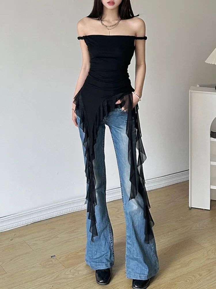 JazzHer 2025 Slash Neck Harajuku Fairy T-shirts Solid Sleeveless Slim Fit Grunge Tops Women Y2k Aesthetic Irregular Ruffled Summer Tees