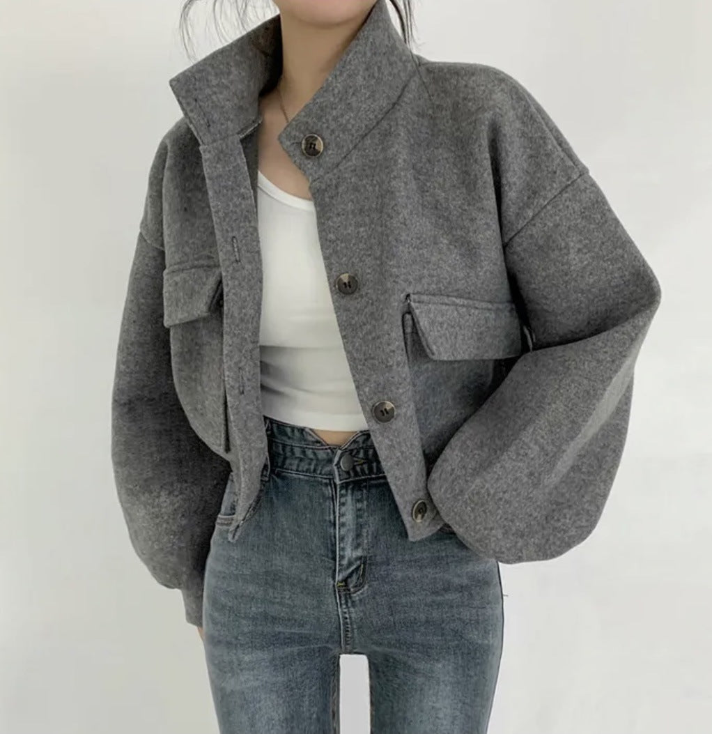 JazzHer Streetwear Jackets Women's Clothing Stand Neck Casual Woolen Outwear Thicked Crop Tops Fashion Korean Y2k Coat 2025 Ropa Mujer