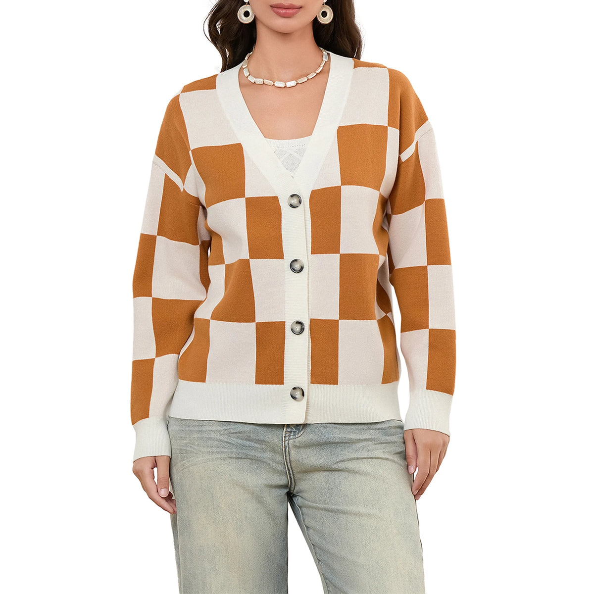 thanksgiving outfit JazzHer Women's Autumn Winter Knit Cardigan Long Sleeve V Neck Checkerboard Print Knitwear Sweater