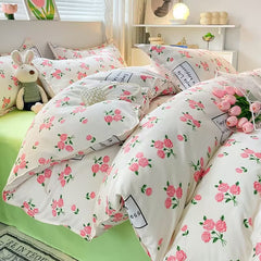 JazzHer Korean Pink Rose Duvet Cover Set Soft Green Flat Sheet Quilt Cover Pillowcase Bed Linen Twin Queen Full Size Floral Bedding Set