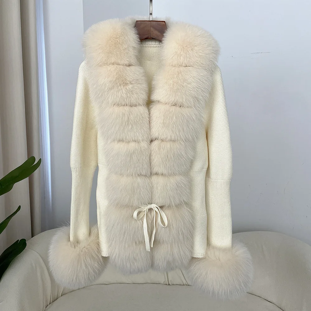 cold weather outfits JazzHer Autumn/winter New Arrival Detachable Real Fox Fur Placket Sleeve Opening Knitted Top Leather Jacket V-neck Pullover