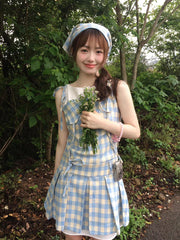 JazzHer 2000s Vintage Blue Plaid Fake Two Piece Dress Women Casual Retro Y2k Mini Dress Summer 2025 Japanese Fashion Sweet Cute Dress