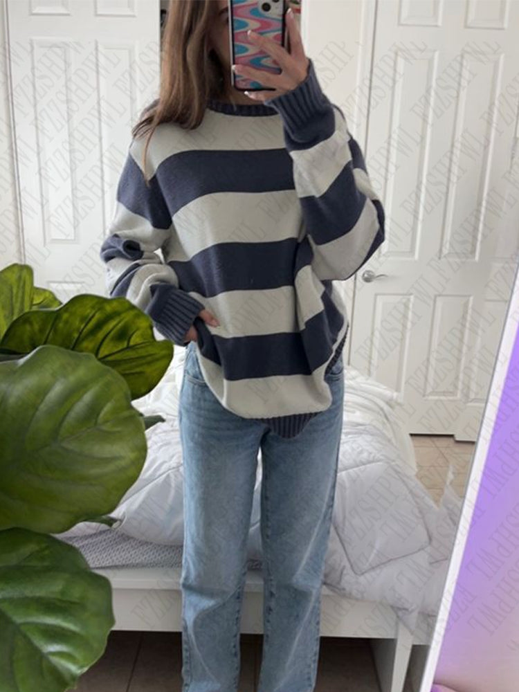 JazzHer Casual all-match vintage sweater Harajuku hip-hop streetwear autumn and winter chic striped sweater cute sweetheart emo girl top