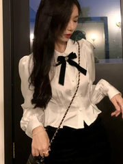 JazzHer Sexy Japan Girl Blouse Office Lady Work Women Button Solid Peter Pan Collar Ribbon Lace Short Crop Top White Shirt Femme