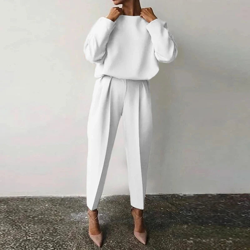 thanksgiving outfit JazzHer Casual Solid Pullover pants Set Women O Neck Wide Full Sleeve Top Leg High Waist Trousers Female 2024 Fashion Autumn Suit Lady