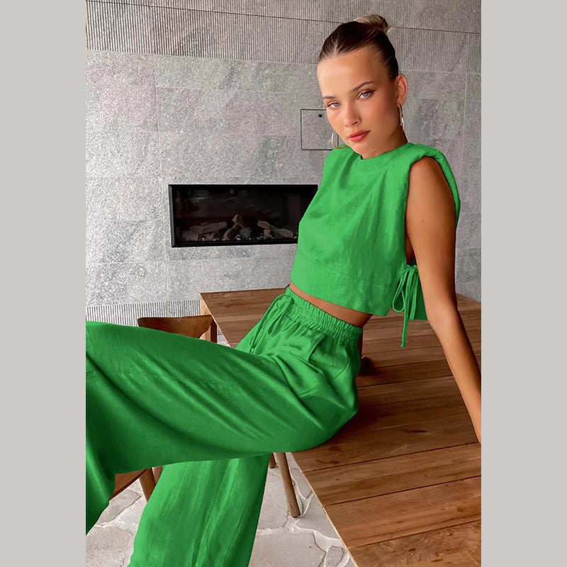 JazzHer Lace Up Crop Tops Sets Women 2 Pcs Fashion Elastic Waist Loose Long Pants Female Suits 2025 Summer Vacation Office Lady Outfits