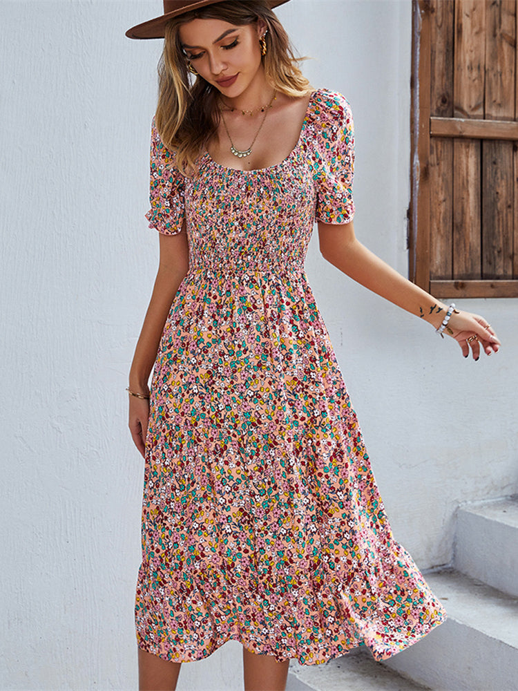 JazzHer Ladies Sexy Vintage Floral Print Boho Summer Dress Women Casual Elastic Bohemian Beach Dress Women Sundress Robe Vestidos Female