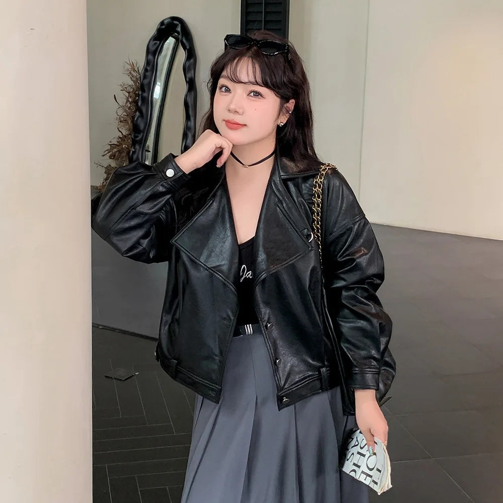 cold weather outfits JazzHer Plus Size Plus Size Women's Leather Jacket Casual Cropped Top For Autumn 2024 Stylish Women's Clothing Sweet Curved Design