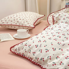 JazzHer INS Girls Cherry Bedding Set Soft Washed Cotton Bed Sheet Queen King Size Simple Quilt Cover Pillowcase Bed Linens