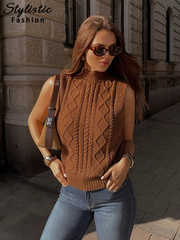 thanksgiving outfit JazzHer Casual Knitted Women Waistcoat Turtleneck Sleeveless Knitting Solid Tank Top Female 2024 Autumn Fashion Minimalism Lady Vests