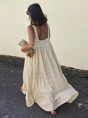 JazzHer Loose Ruffle Sling Long Dress Women Elegant Square Collar Backless Sleeveless Female Dresses 2024 Summer Lady Holiday Beach Robe