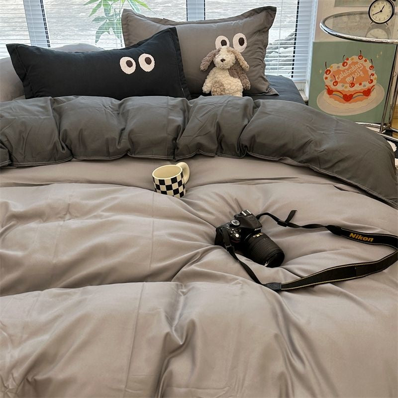 JazzHer Ins Grey Cartoon Big Eye Solid Color Bedding Set Girls Boys Double Size Flat Sheet Duvet Cover Pillowcase Bed Linen Home Textile