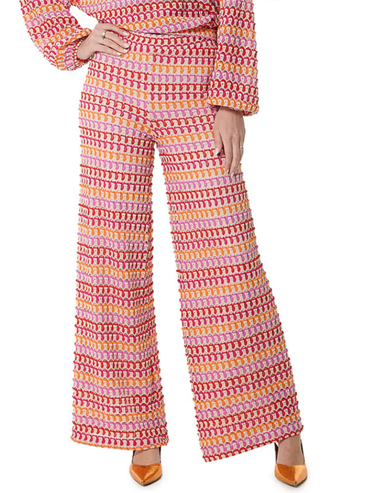 JazzHer Loose Colorful Knitted Pants Sets 2 Pieces for Women O Neck Lantern Sleeve Tops Wide Leg Trouser 2024 Autumn Lady Casual Outfits