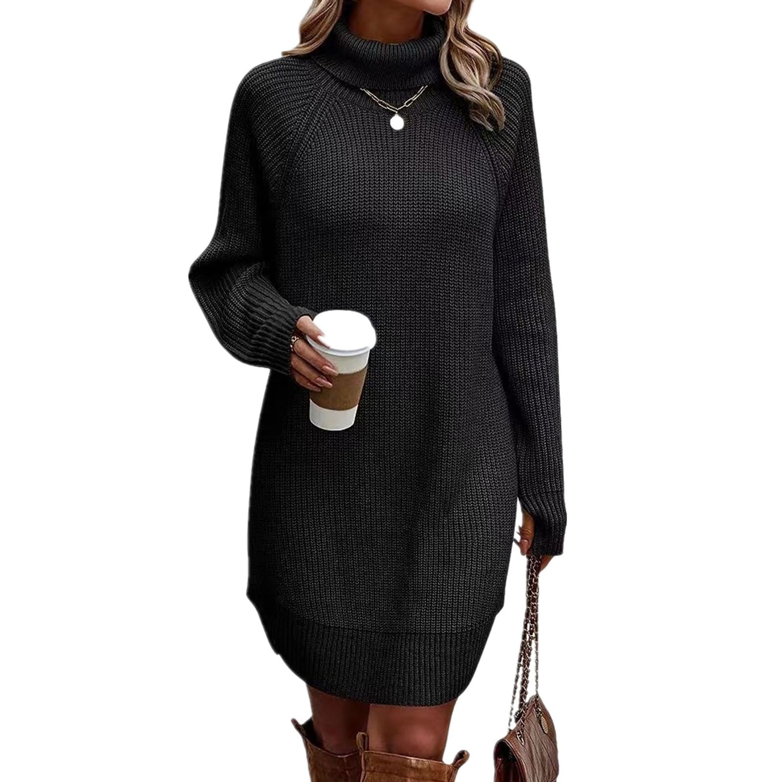 thanksgiving outfit JazzHer Women s Fall Mini Dress Long Sleeve Turtleneck Solid Color Knitted Dress Casual Sweater Dress