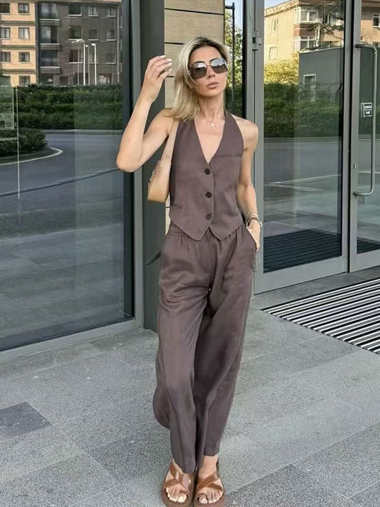 thanksgiving outfit JazzHer Elegant Halter Shirt Pant Sets Women Single Breasted Sleeveless Backless V Neck Top Wide Leg Pants 2024 Solid Office Lady Outfit