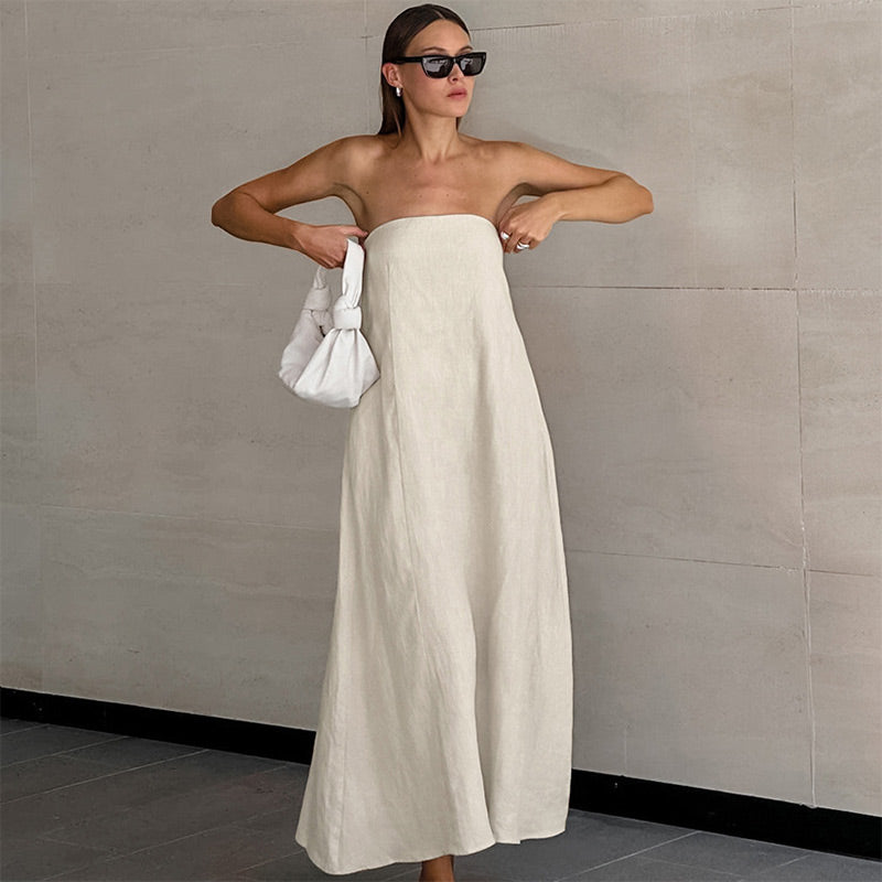 JazzHer Elegant Pleated Strapless Long Dress Women Loose Off Shoulder Sleeveless Backless Party Dresses 2024 Summer Lady Holiday Robes