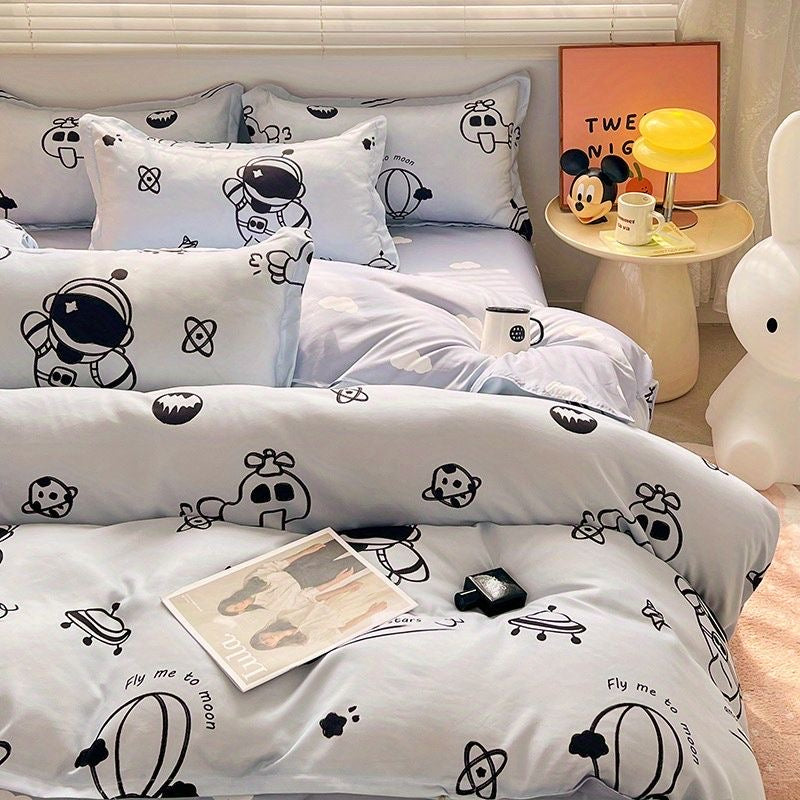 JazzHer Ins Cartoon Astronaut Bedding Set Soft Flat Sheet Duvet Cover Pillowcase Polyester Bed Linen Twin Queen Full Size Quilt Cover