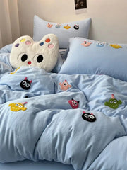 JazzHer Korean Style Fresh Bedding Set Water Washed Cotton Cute Towel Embroidered Duvet Covers, Bed Sheets, Dormitory