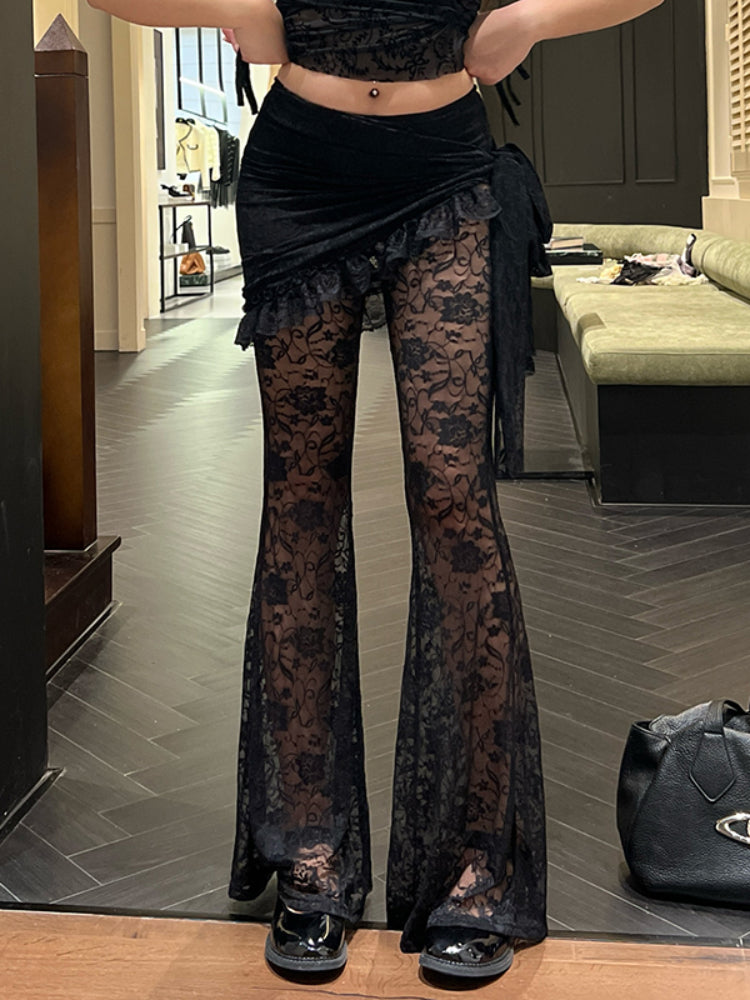 JazzHer Gothic Dark Lace Pants Women Vintage Y2k Streetwear Emo Sexy See Through Velevt Patchwork High Waist Flare Pants Female