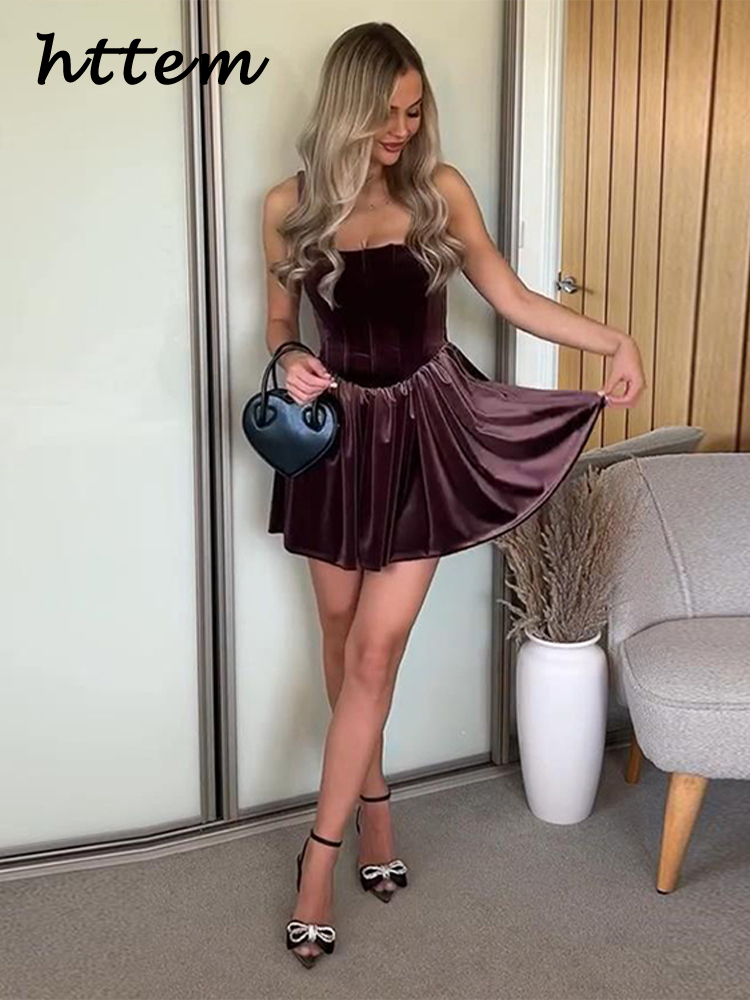 JazzHer Sexy Velvet Mini Party Dress Women Burgundy Square Collar Sleeveless Backless Sling Dresses 2024 Autumn Lady Pleated Vestido New