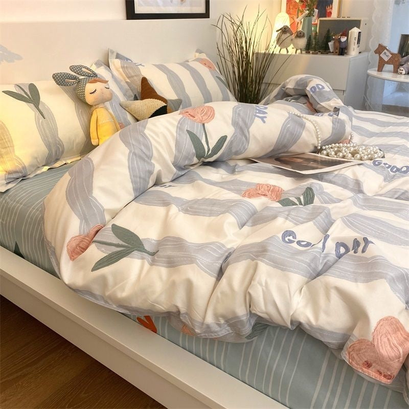 JazzHer Ins Nordic Pastoral Style blue Floral Duvet Cover With Pillow Case Princess Bed Sheet Kids Girls Bedding Set King Queen Cute