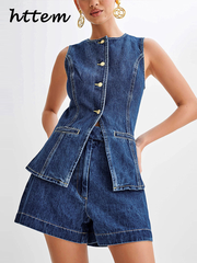 JazzHer Casual Denim 2 Pieces Sets Women Slim O-neck Sleeveless Single Breasted Vest Wide Leg Shorts 2024 Summer Casual Lady Office Sets