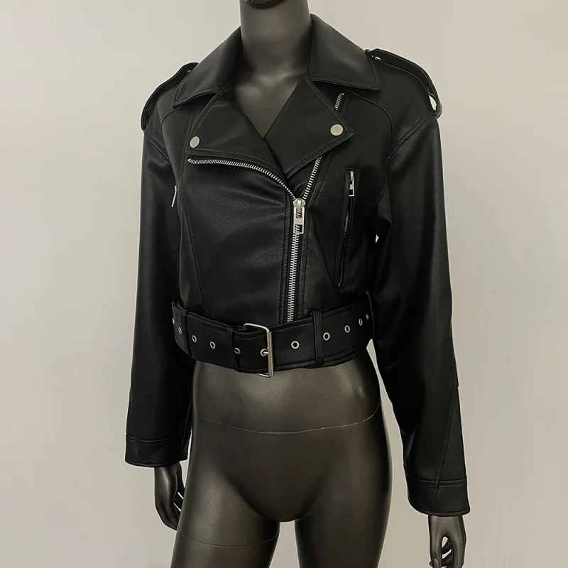 cold weather outfits JazzHer 2024 Spring Autumn Motorcycle Jacket Slimming Pu Leather Cropped Jacket Women's High-end Feel Petite Crop Top