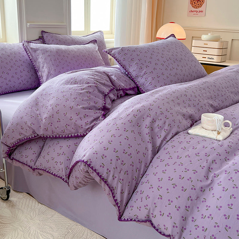 JazzHer Purple Grapes Double Layer Yarn Quilt Cover Bed Sheet Pillowcase Twin Queen Size Bedding Set Girls Women Duvet Cover No Filler