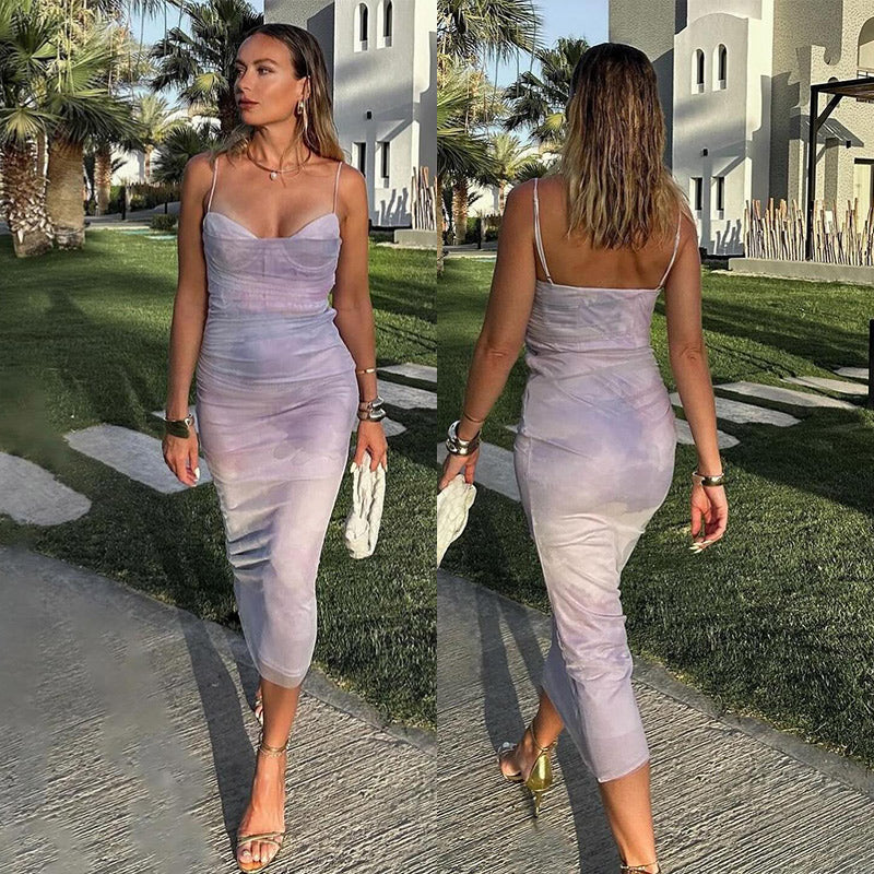 JazzHer Pleated Print Sling Long Dresses Women Sexy Sleeveless Backless Midi Dress 2025 Summer V Neck Bodycon Ladies Fashion Party Robe