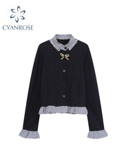 christmas outfit JazzHer Women's Navy Cardigan Sweater Harajuku Preppy Style Long Sleeves Sweaters Jumper Aesthetic Vintage Y2k 2000s Emo Clothes Autumn