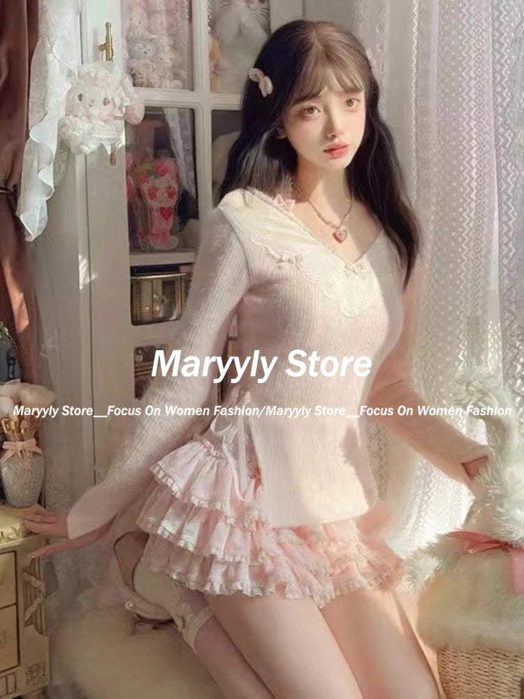 JazzHer Japaneses Kawaii Two Piece Set Women Sweet Lace Bow Tops + Y2k Mini Cake Skirt Autumn Winter Elegant Knitted Skirt Suits Chic