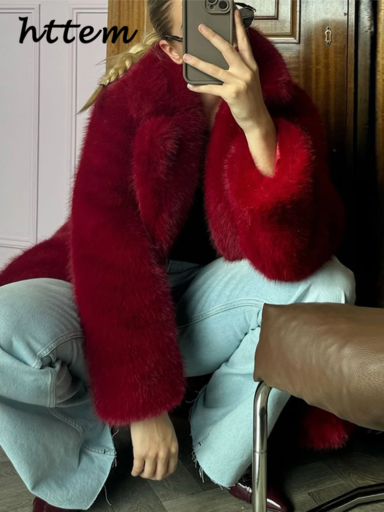 JazzHer Street Women's Red Faux Fur Coats Loose Lapel Long Sleeves Female Fluffy Jacket 2024 Winter Lady Luxury Thicken Furry Overcoats