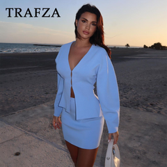 cold weather outfits JazzHer 2024 Spring Summer Sexy Solid Knitted Women Suits Fashion Nightclub V Neck Single Breasted Shirts+Chic Mini Pencil Skirts