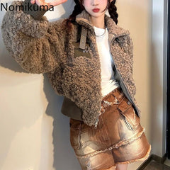 JazzHer Streetwear Jackets 2025 Women's Clothing Y2k Tops Fashion High Waist Thickened Lamb Wool Casual Crop Coats Chaquetas Para Mujer