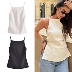 JazzHer Sleeveless Black White Crop Top Women Backless Sexy Tank Tops Woman Thin Straps Party Summer Tops Streetwear Women's Top