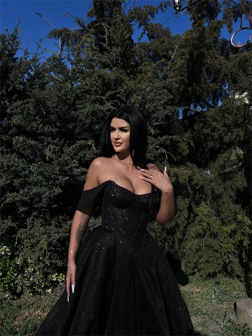 JazzHer Gothic Black Shiny A-line Vestido De Novia Gorgeous Off Shoulder Prom Dress Spark Short Sleeve Evening Dresses-(PRE-ORDER)