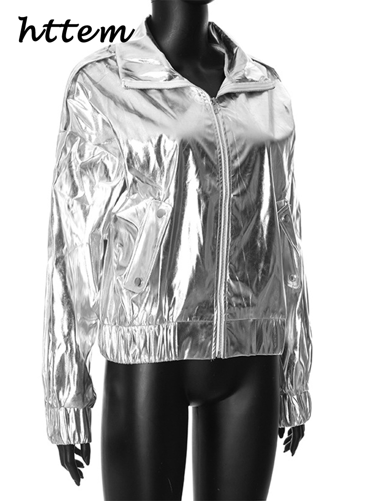 JazzHer Fashion Shiny Silver Coats Women Lapel Zipper Long Sleeve Pocket Pleated Female Jackets 2024 Autumn Lady High Street Y2k Outwear