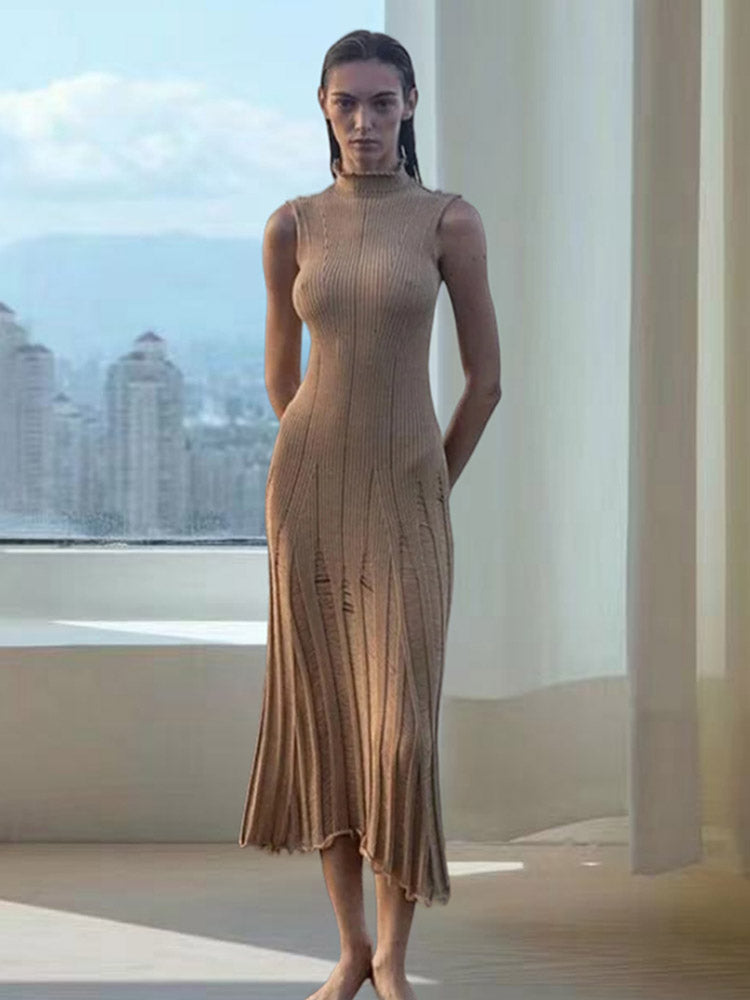 JazzHer Sexy Knit Hollow Out Long Dress Women Slim High Collar Sleeveless See Through Dresses 2024 Summer Autumn Lady High Street Robes