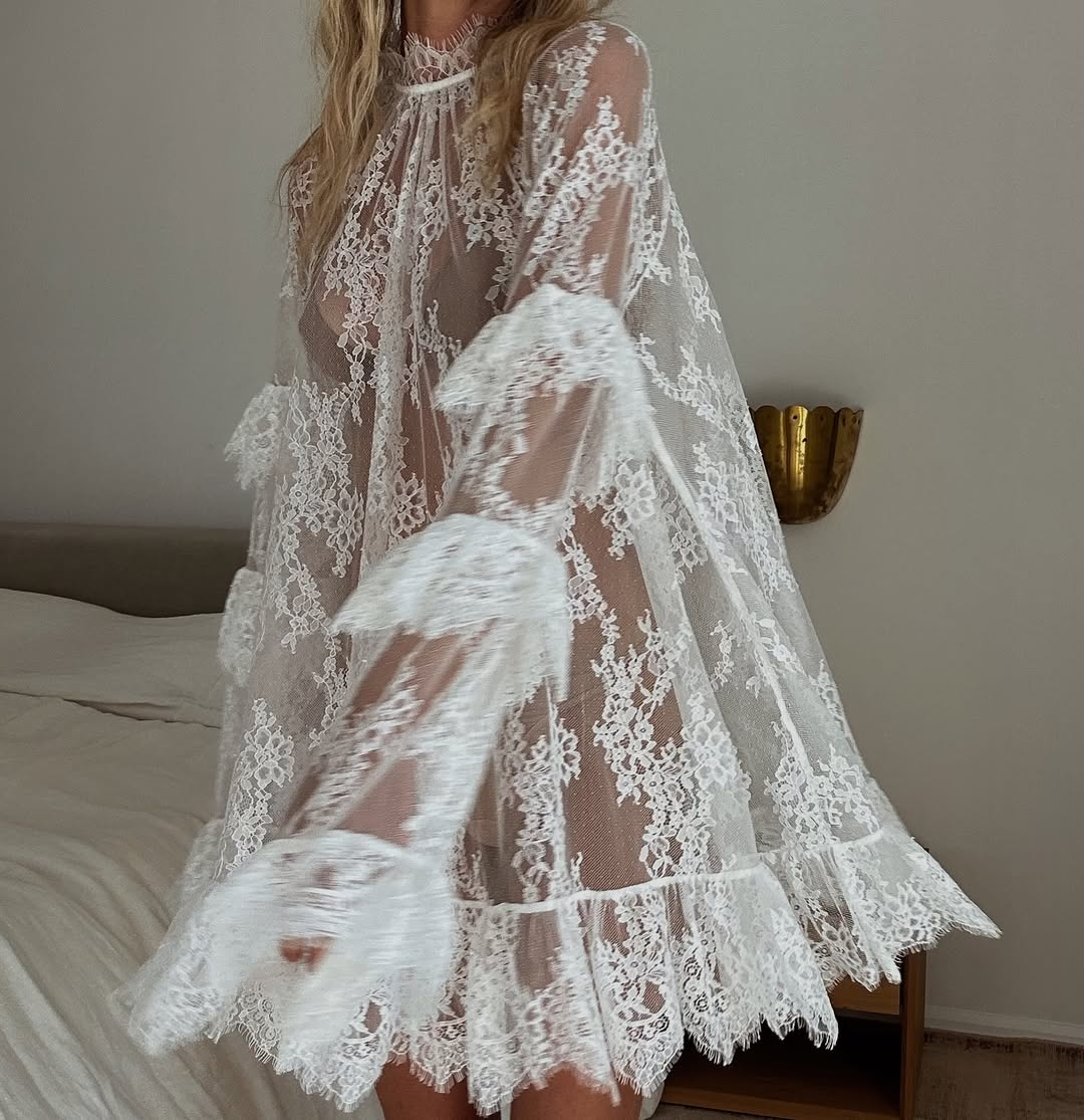 JazzHer Sexy Lace Sand Beachwear Mini Dresses Summer Loose Female Lace Patchwork See Through Transparent Long Sleeve Bikini Cover Up