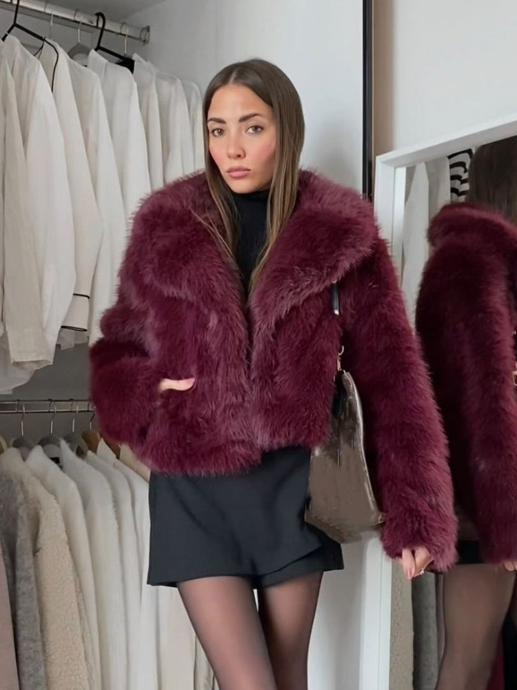 JazzHer Burgundy Red Chic Women's Fluffy Faux Fur Short Jacket Women Elegant Lapel Long Sleeve Plush Coat Female Warm Cropped Streetwear